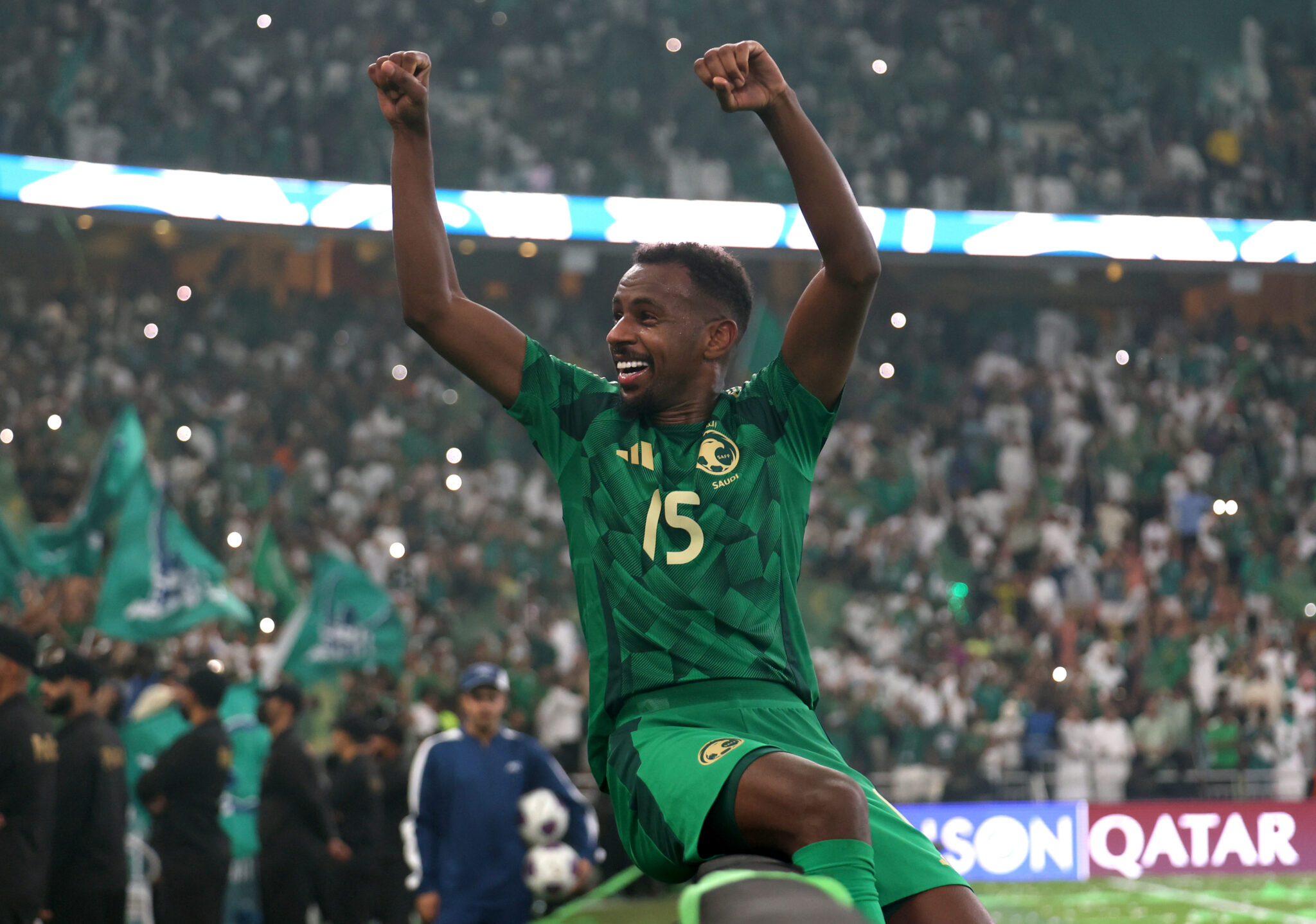 World Cup - Abdullah Alkhaibari of Saudi Arabia celebrates after the FIFA World Cup 2026 qualifier match between Saudi Arabia and Iraq at King Abdullah Sport City Stadium on October 14, 2025 in Buraydah, Saudi Arabia.