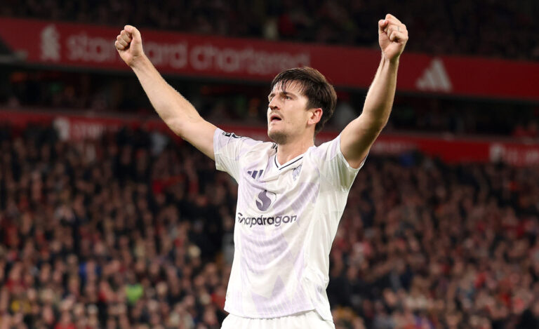 Harry Maguire of Man Utd celebrates scoring his team's second goal during the Premier League match between Liverpool and Manchester United at Anfield on October 19, 2025 in Liverpool, England.