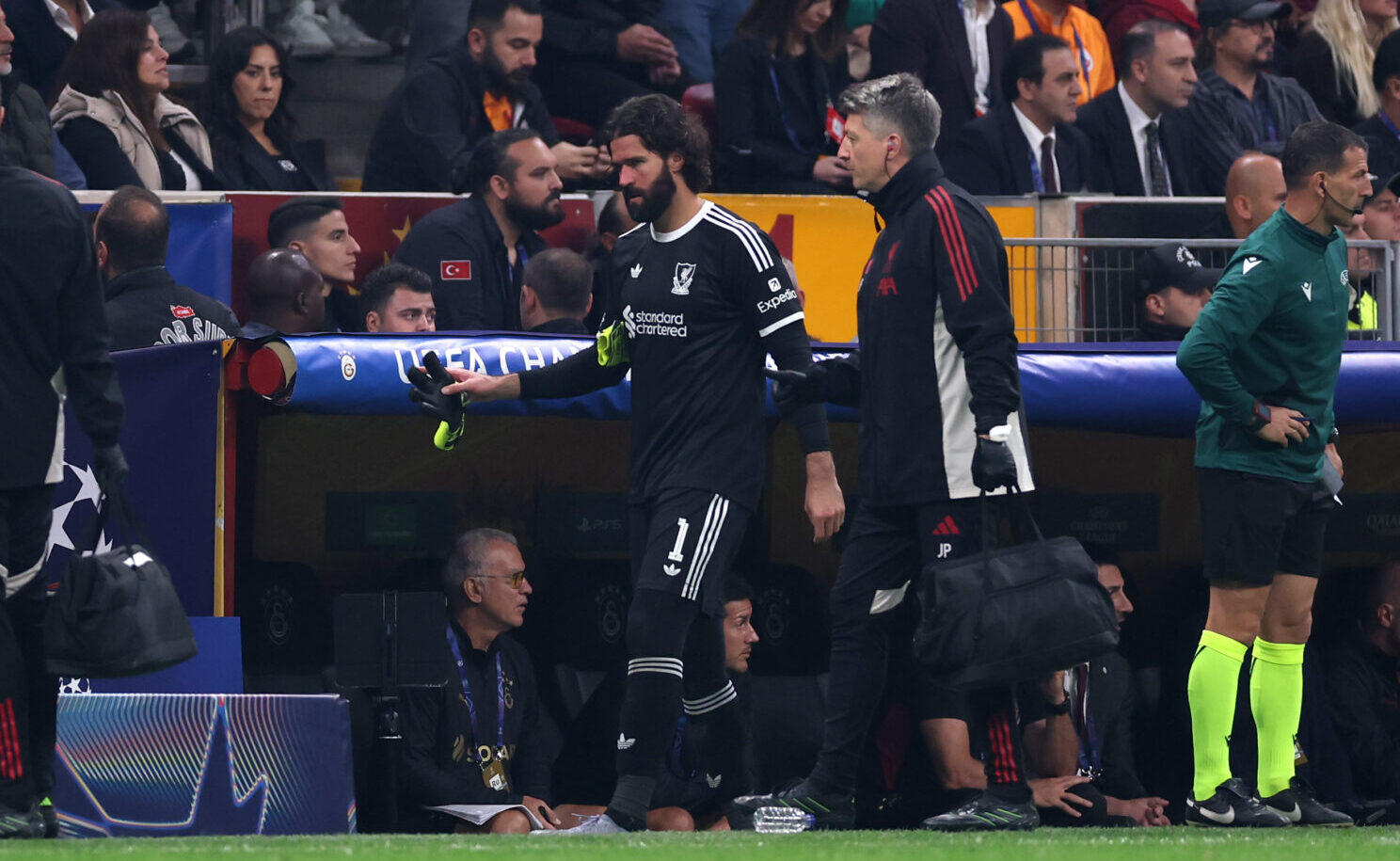 Liverpool goalkeeper Alisson Becker leaves the pitch following an injury during the UEFA Champions League 2025/26 League Phase MD2 match between Galatasaray A.S. and Liverpool FC at Ali Sami Yen Spor Kompleksi on September 30, 2025 in Istanbul, Turkey.