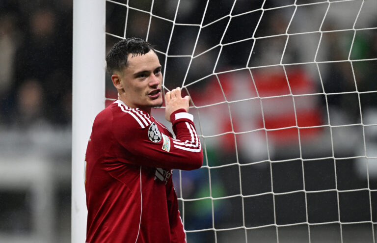 Liverpool player Florian Wirtz reacts during the UEFA Champions League 2025/26 League Phase MD3 match between Eintracht Frankfurt and Liverpool FC at Frankfurt Stadion on October 22, 2025 in Frankfurt am Main, Germany.