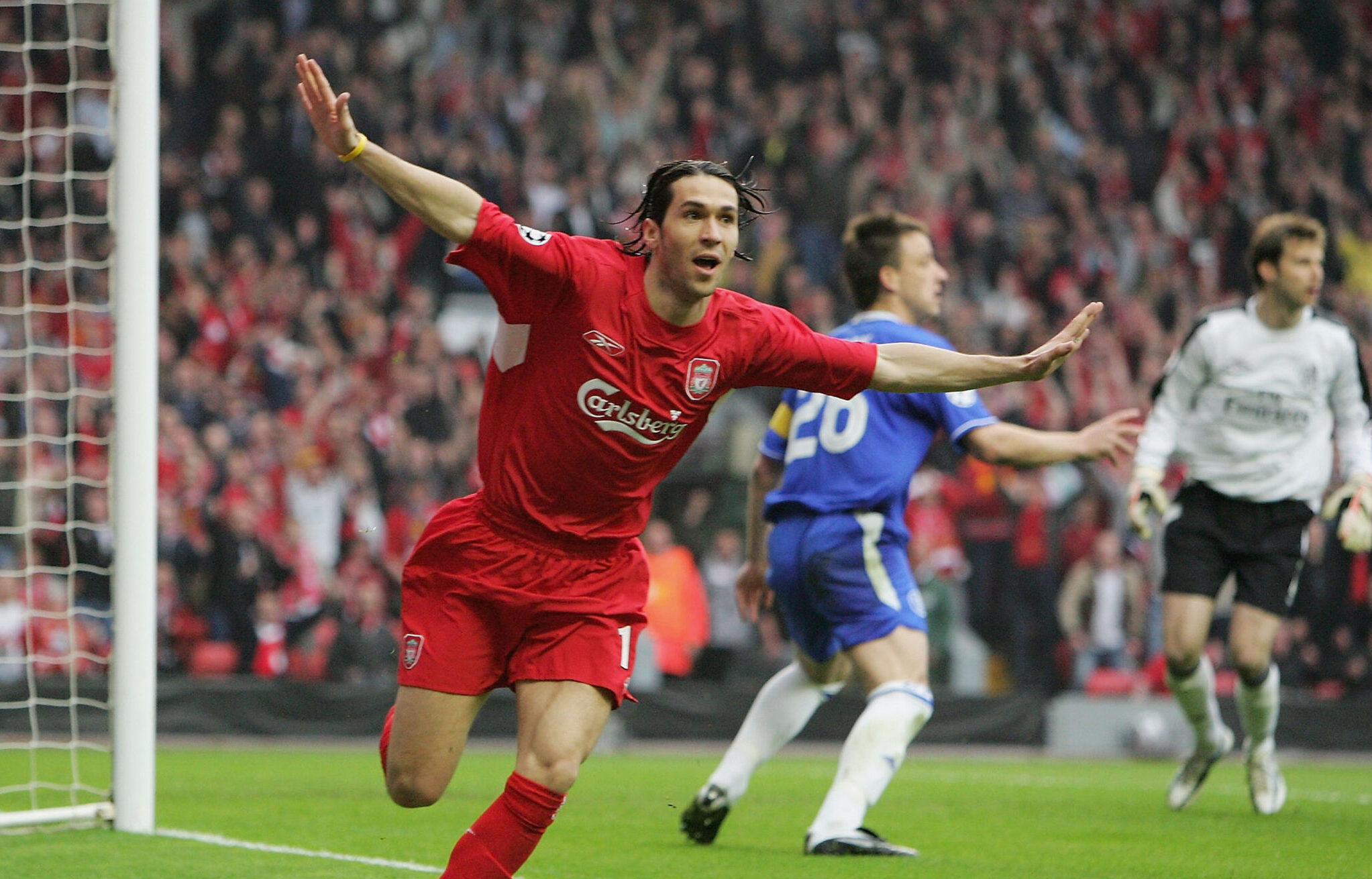 Liverpool player Luis Garcia celebrates scoring the opening goal during the UEFA Champions League semi-final second leg match between Liverpool and Chelsea at Anfield on May 3, 2005 in Liverpool, England.