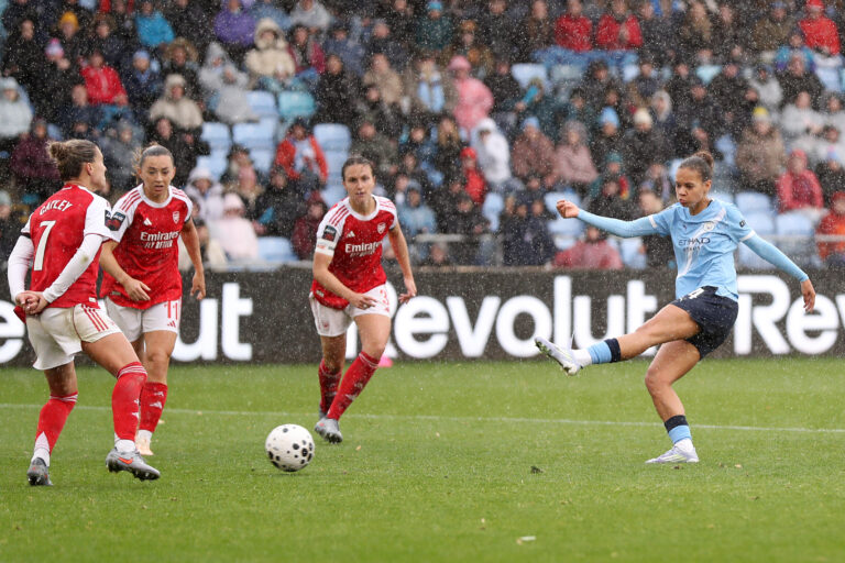 Arsenal - Iman Beney of Manchester City scores her team's third goal during the Barclays Women's Super League match between Manchester City and Arsenal at Joie Stadium on October 04, 2025 in Manchester, England.