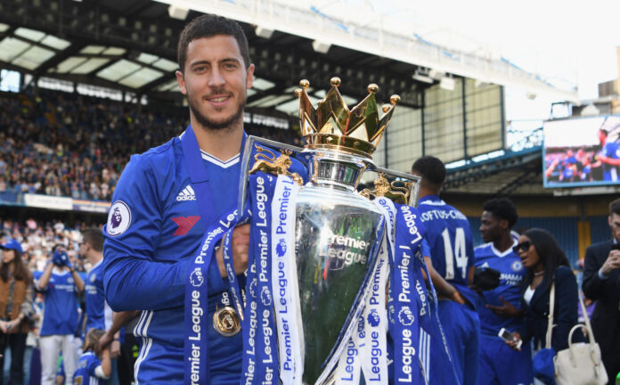 Chelsea v Sunderland - Premier League Eden Hazard of Chelsea poses with the Premier League trophy after the Premier League match between Chelsea and Sunderland at Stamford Bridge on May 21, 2017 in London, England.