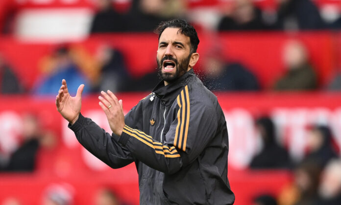 Ruben Amorim, Manager of Man United, reacts during the Premier League match between Manchester United and Sunderland at Old Trafford on October 04, 2025 in Manchester, England.