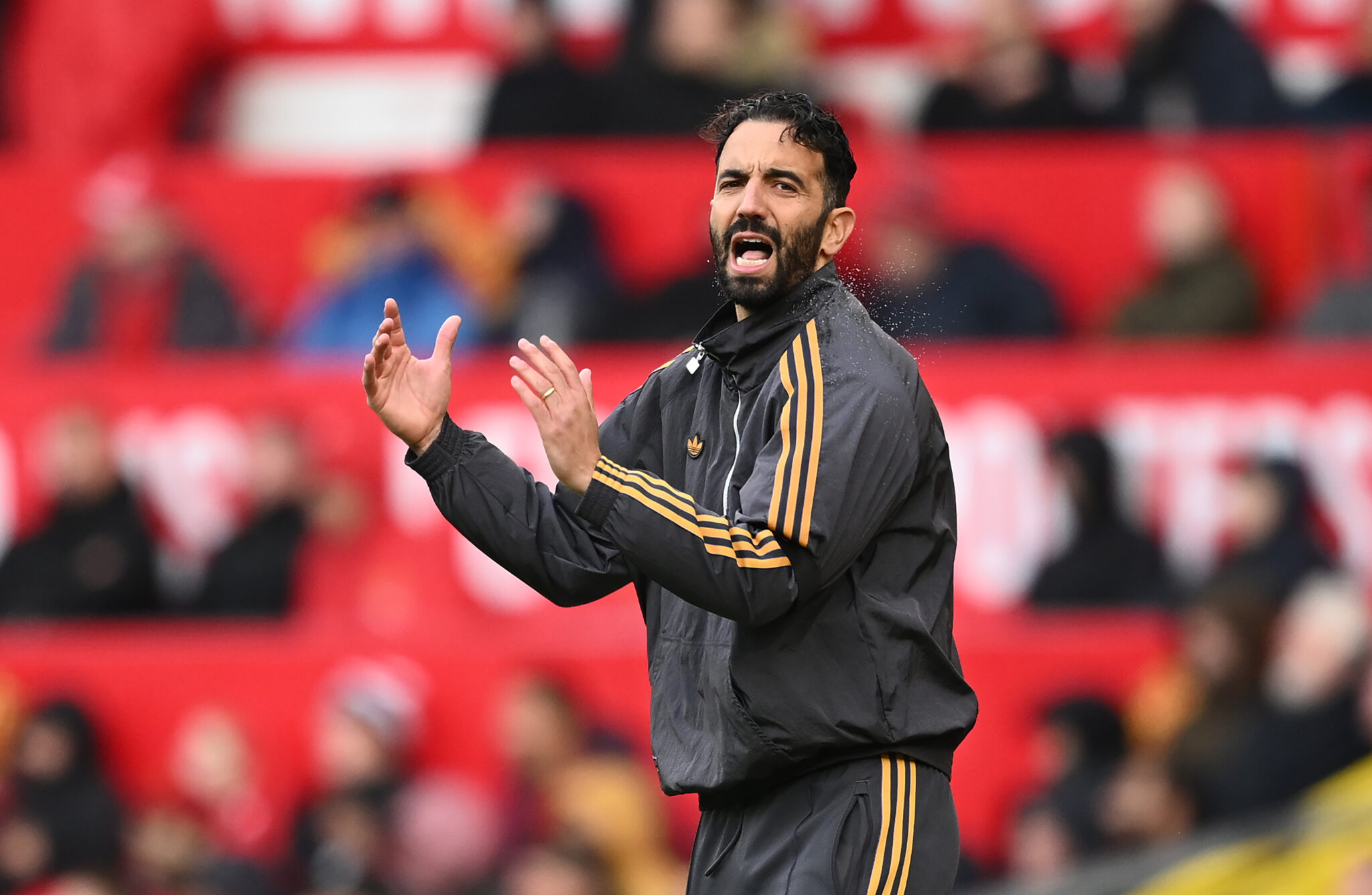 Ruben Amorim, Manager of Man United, reacts during the Premier League match between Manchester United and Sunderland at Old Trafford on October 04, 2025 in Manchester, England.