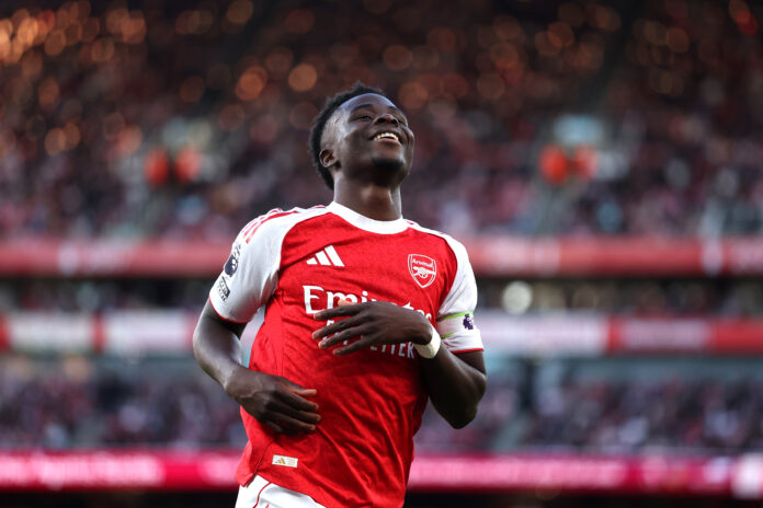 Bukayo Saka of Arsenal during the Premier League match between Arsenal and Manchester City at Emirates Stadium on September 21, 2025 in London, England.