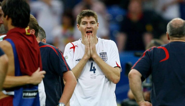 Steven Gerrard of England looks dejected following defeat during the FIFA World Cup Germany 2006 Quarter-final match between England and Portugal played at the Stadium Gelsenkirchen on July 1, 2006 in Gelsenkirchen, Germany.