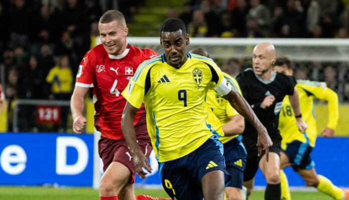 Alexander Isak of Sweden during the FIFA World Cup 2026 qualifier match between Sweden and Switzerland at Strawberry Arena on October 10, 2025 in Solna, Sweden.
