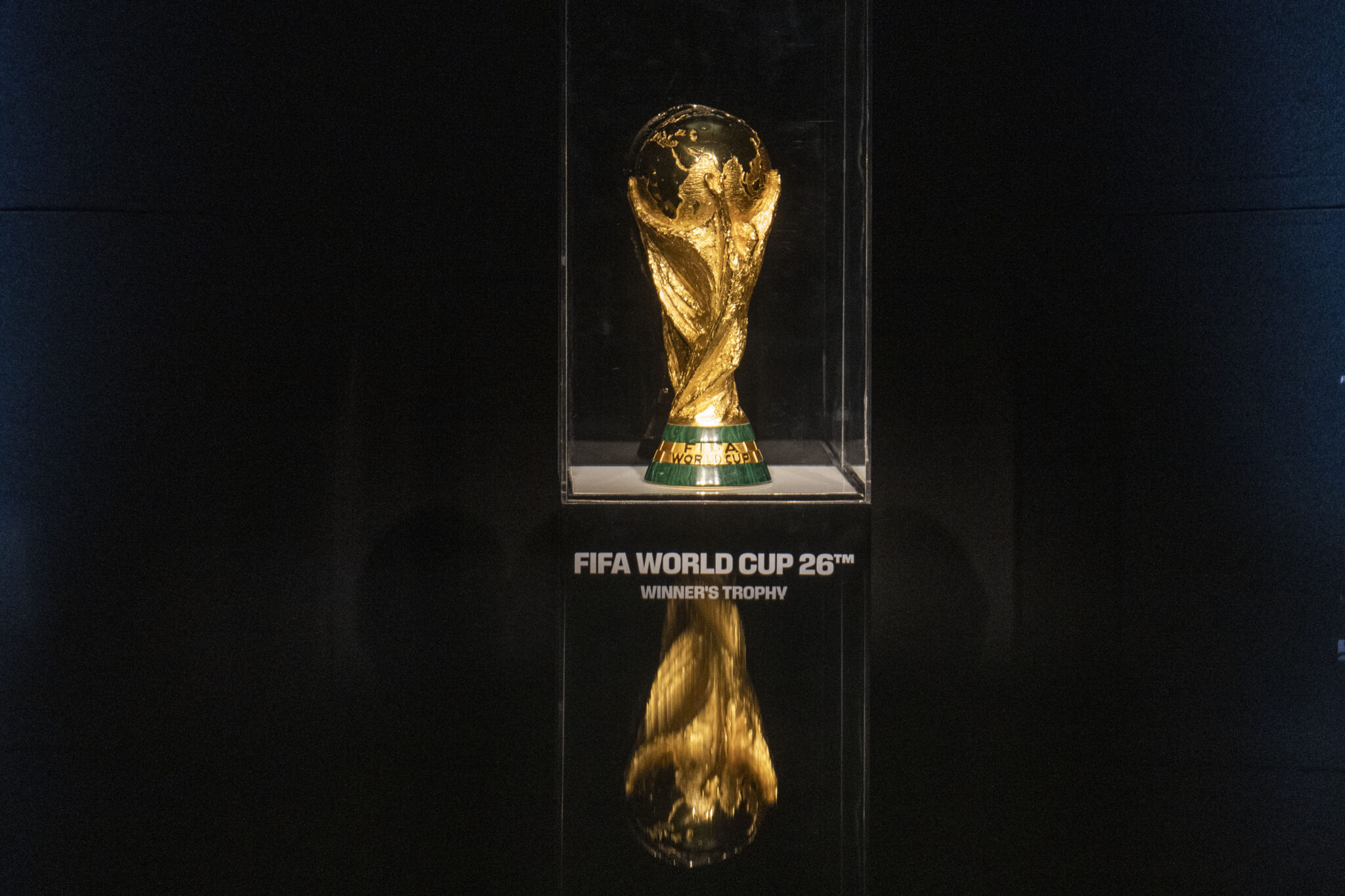 The 2026 World Cup trophy during the unveiling of the countdown clock 1 year ahead of the 2026 FIFA World Cup at General Prim on June 11, 2025 in Mexico City, Mexico.