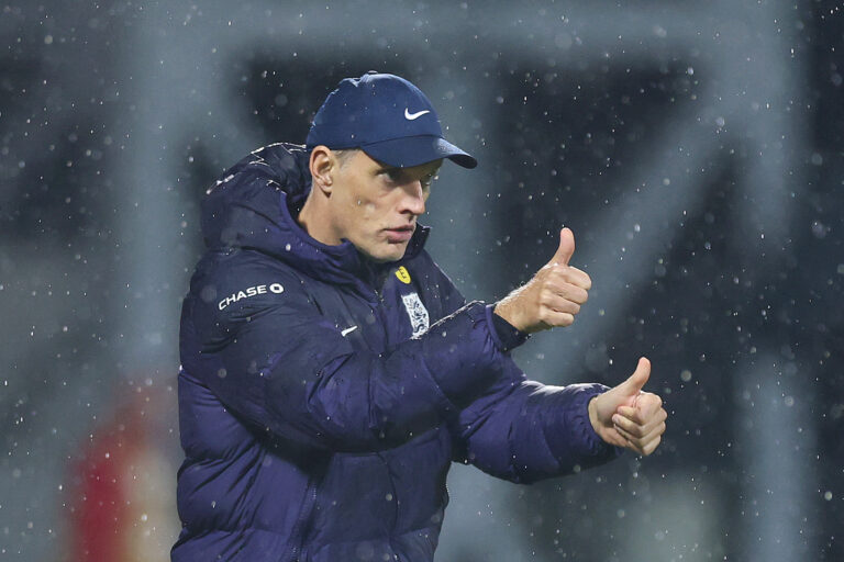 Thomas Tuchel, Head Coach of England, gestures a thumbs up during the FIFA World Cup 2026 qualifier match between Latvia and England at Daugava Stadium on October 14, 2025 in Riga, Latvia.
