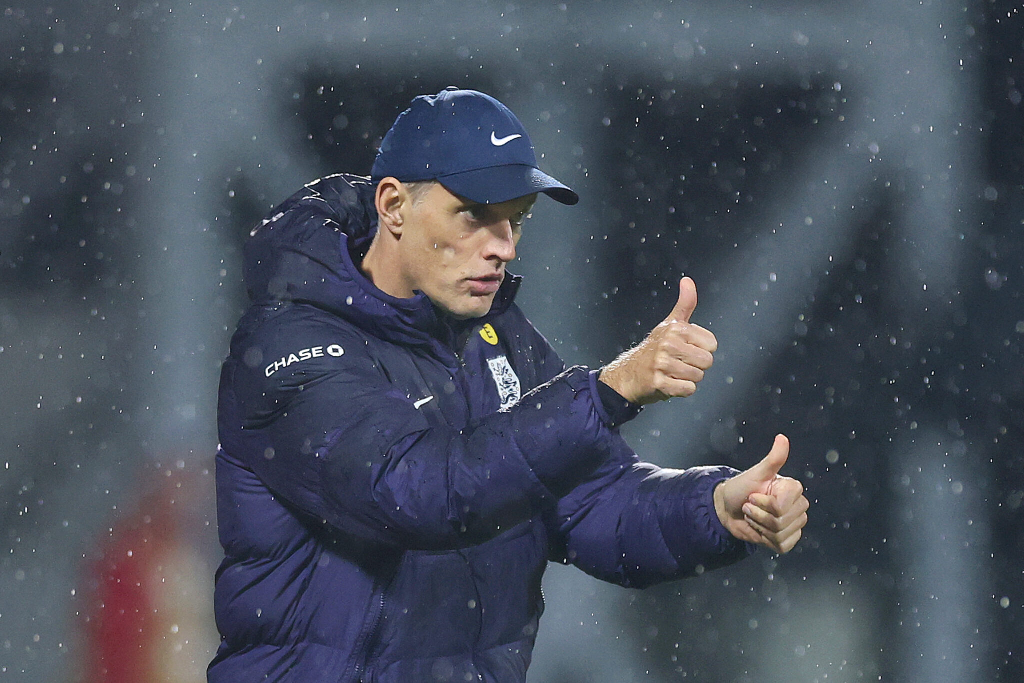 Thomas Tuchel, Head Coach of England, gestures a thumbs up during the FIFA World Cup 2026 qualifier match between Latvia and England at Daugava Stadium on October 14, 2025 in Riga, Latvia.