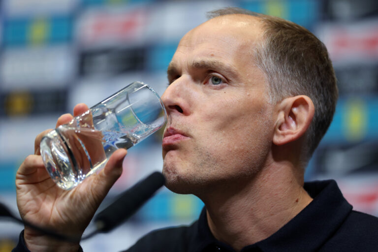 Thomas Tuchel, Head Coach of England, talks to the media during a press conference at Wembley Stadium on October 03, 2025 in London, England.