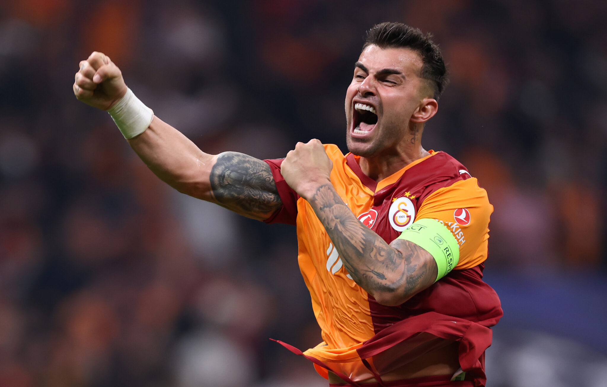 Champions League - Abdulkerim Bardakci of Galatasaray A.S. celebrates victory following the UEFA Champions League 2025/26 League Phase MD2 match between Galatasaray A.S. and Liverpool FC at Ali Sami Yen Spor Kompleksi on September 30, 2025 in Istanbul, Turkey.