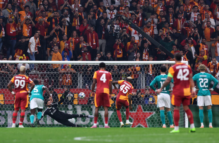 Champions League - Victor Osimhen of Galatasaray A.S. scores his team's first goal from the penalty spot past Alisson Becker of Liverpool during the UEFA Champions League 2025/26 League Phase MD2 match between Galatasaray A.S. and Liverpool FC at Ali Sami Yen Spor Kompleksi on September 30, 2025 in Istanbul, Turkey.