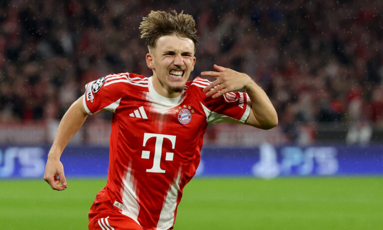 Champions League - Lennart Karl of Bayern Munich celebrates scoring his team's first goal during the UEFA Champions League 2025/26 League Phase MD3 match between FC Bayern München and Club Brugge KV at Football Arena Munich on October 22, 2025 in Munich, Germany.