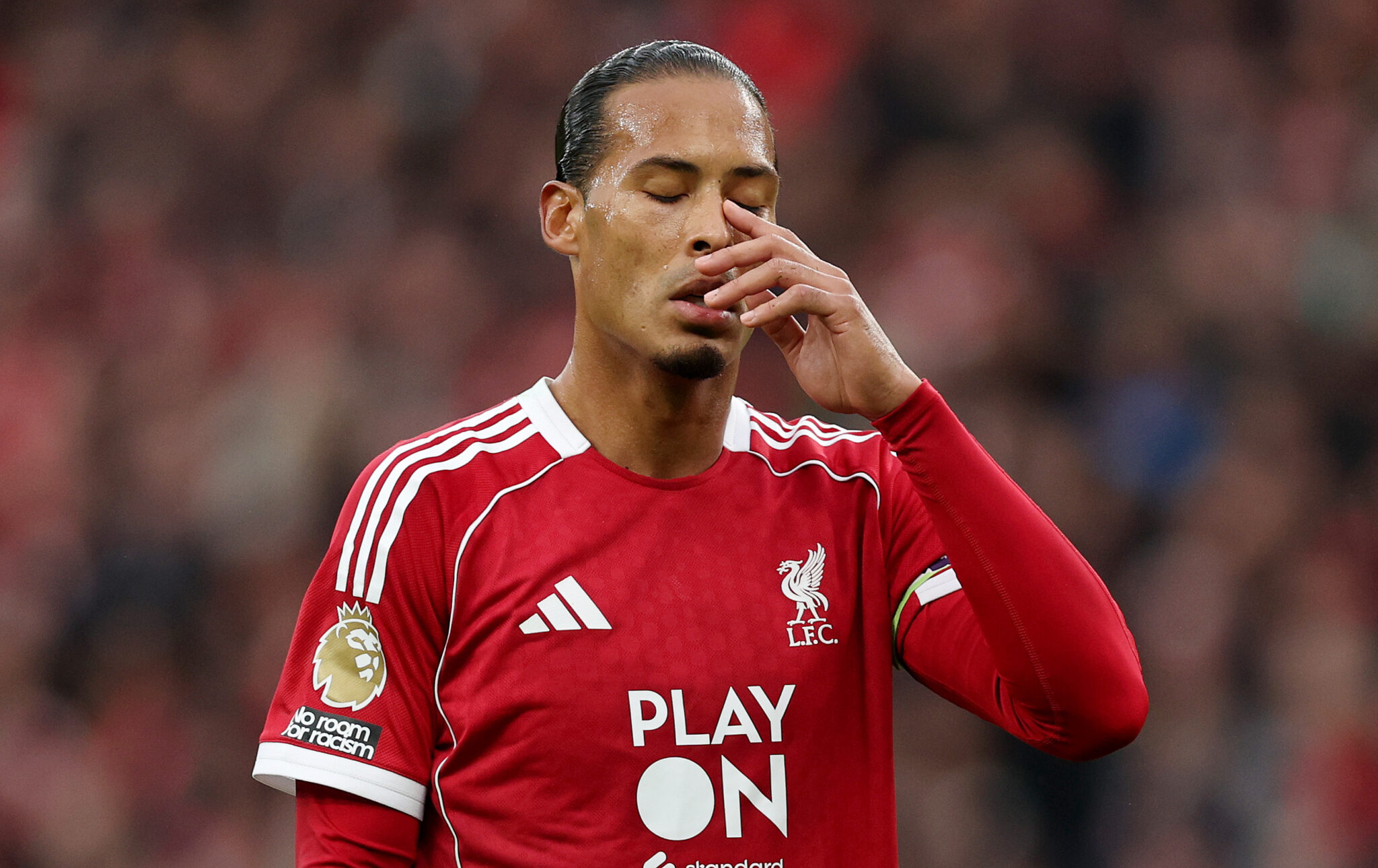 Virgil van Dijk of Liverpool reacts during the Premier League match between Liverpool and Man Utd at Anfield on October 19, 2025 in Liverpool, England.
