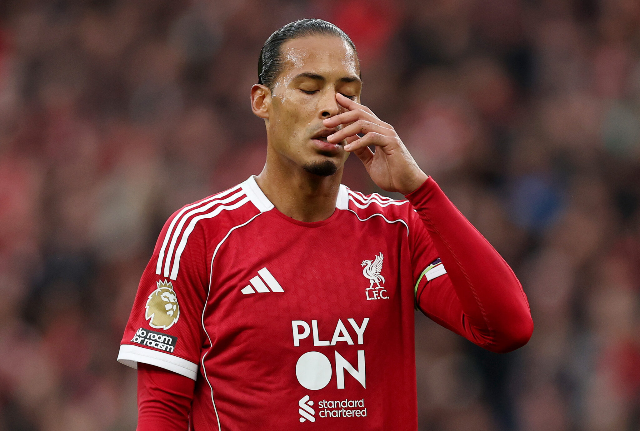 Virgil van Dijk of Liverpool reacts during the Premier League match between Liverpool and Man Utd at Anfield on October 19, 2025 in Liverpool, England.