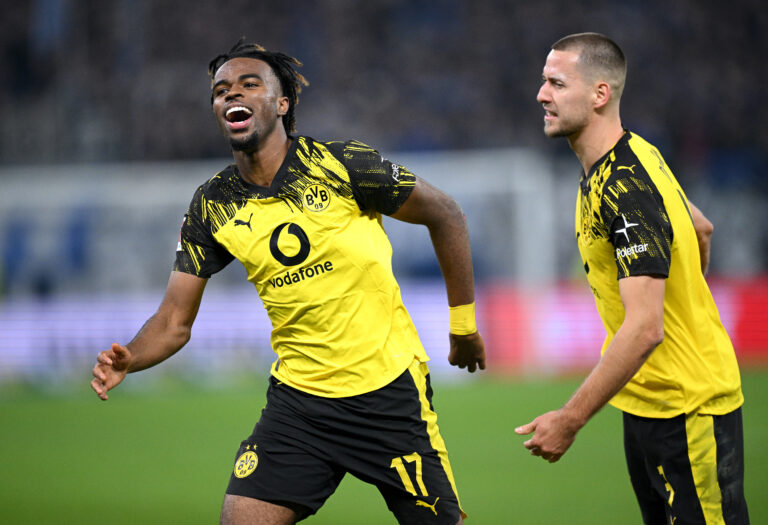 Borussia Dortmund player Carney Chukwuemeka celebrates.