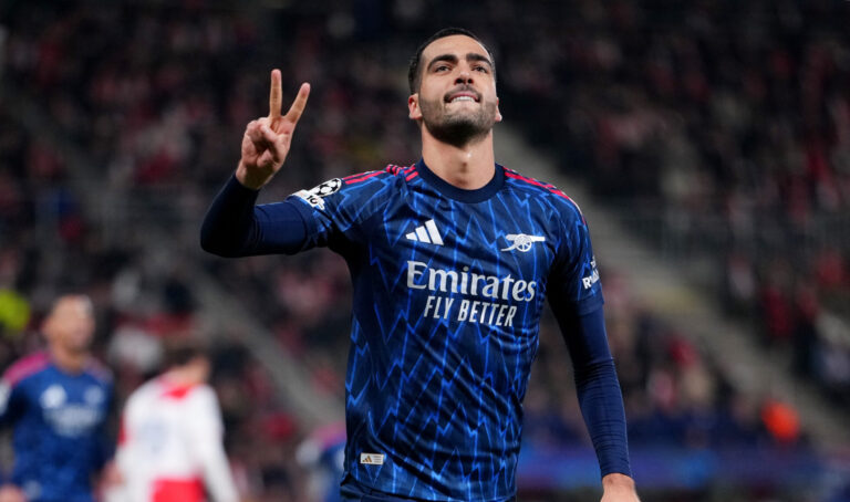 Arsenal midfielder Mikel Merino celebrates a goal against Slavia Prague in the Champions League.