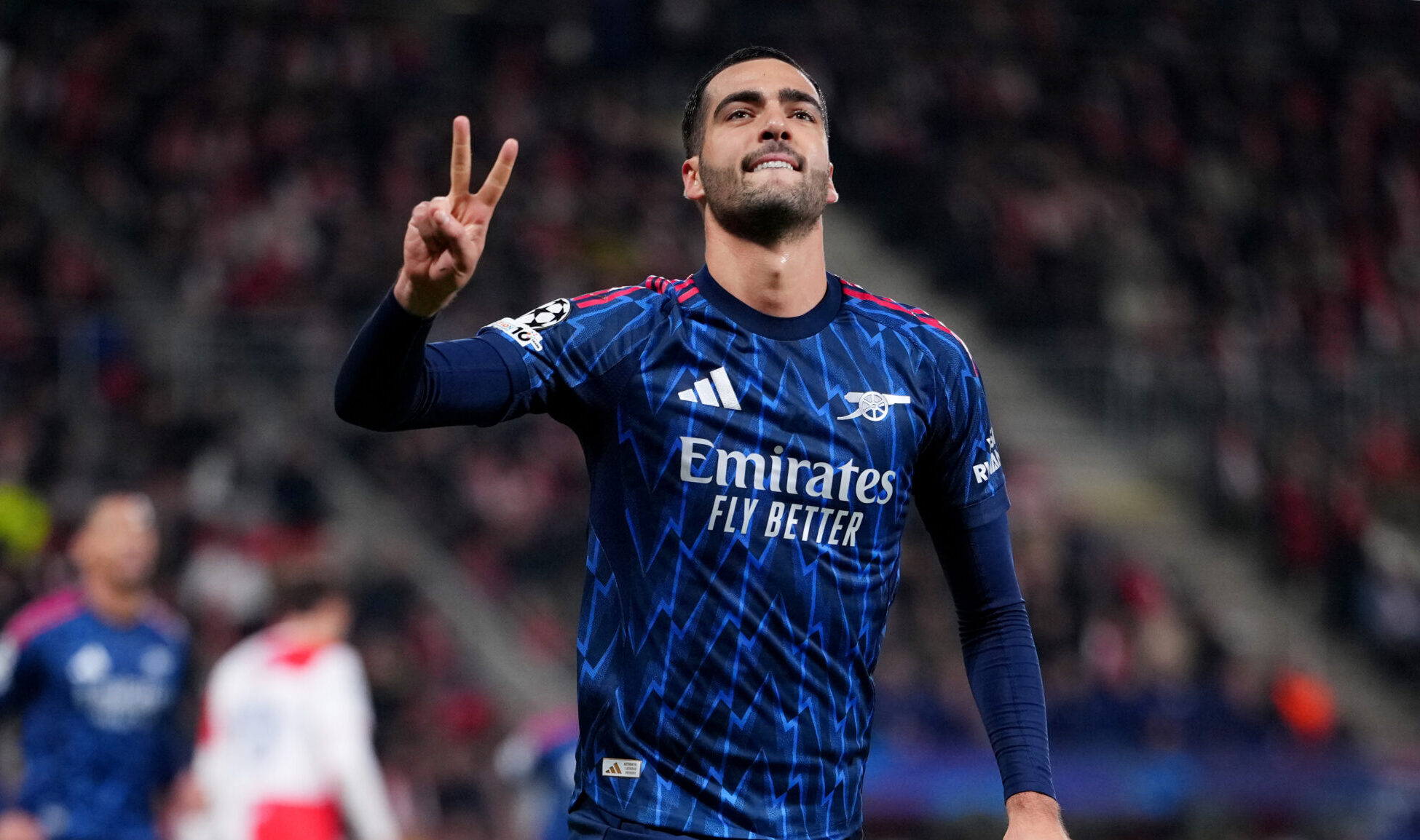 Arsenal midfielder Mikel Merino celebrates a goal against Slavia Prague in the Champions League.
