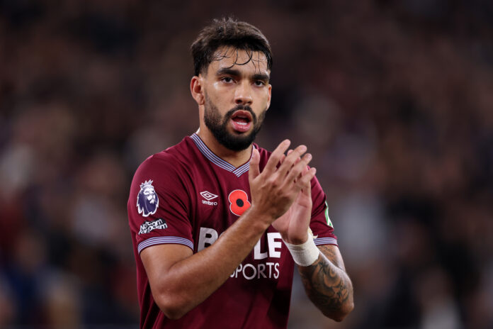 Lucas Paqueta of West Ham United claps the fans during the Premier League match between West Ham United and Burnley at London Stadium on November 08, 2025 in London, England.