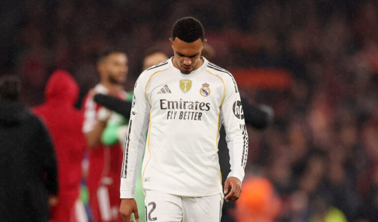 Trent Alexander-Arnold of Real Madrid looks dejected after the team's defeat in the UEFA Champions League 2025/26 League Phase MD4 match between Liverpool FC and Real Madrid C.F. at Anfield on November 04, 2025 in Liverpool, England.