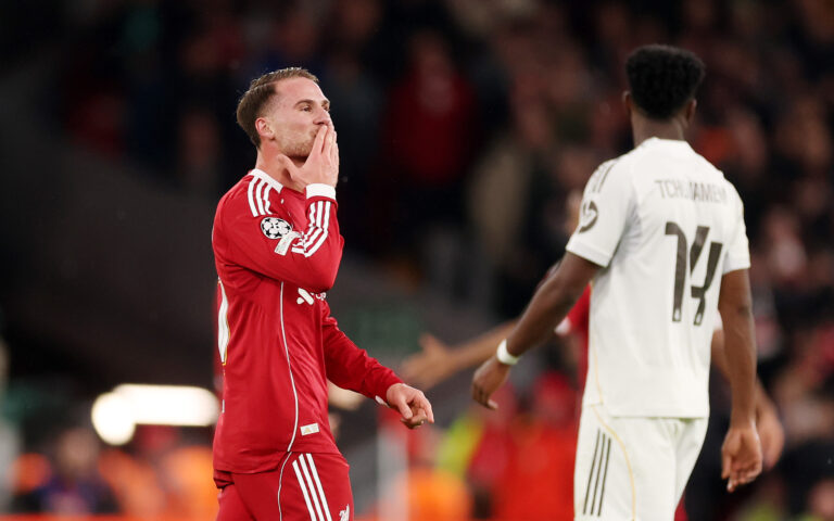 Alexis Mac Allister of Liverpool celebrates scoring his team's first goal during the UEFA Champions League 2025/26 League Phase MD4 match between Liverpool FC and Real Madrid C.F. at Anfield on November 04, 2025 in Liverpool, England.