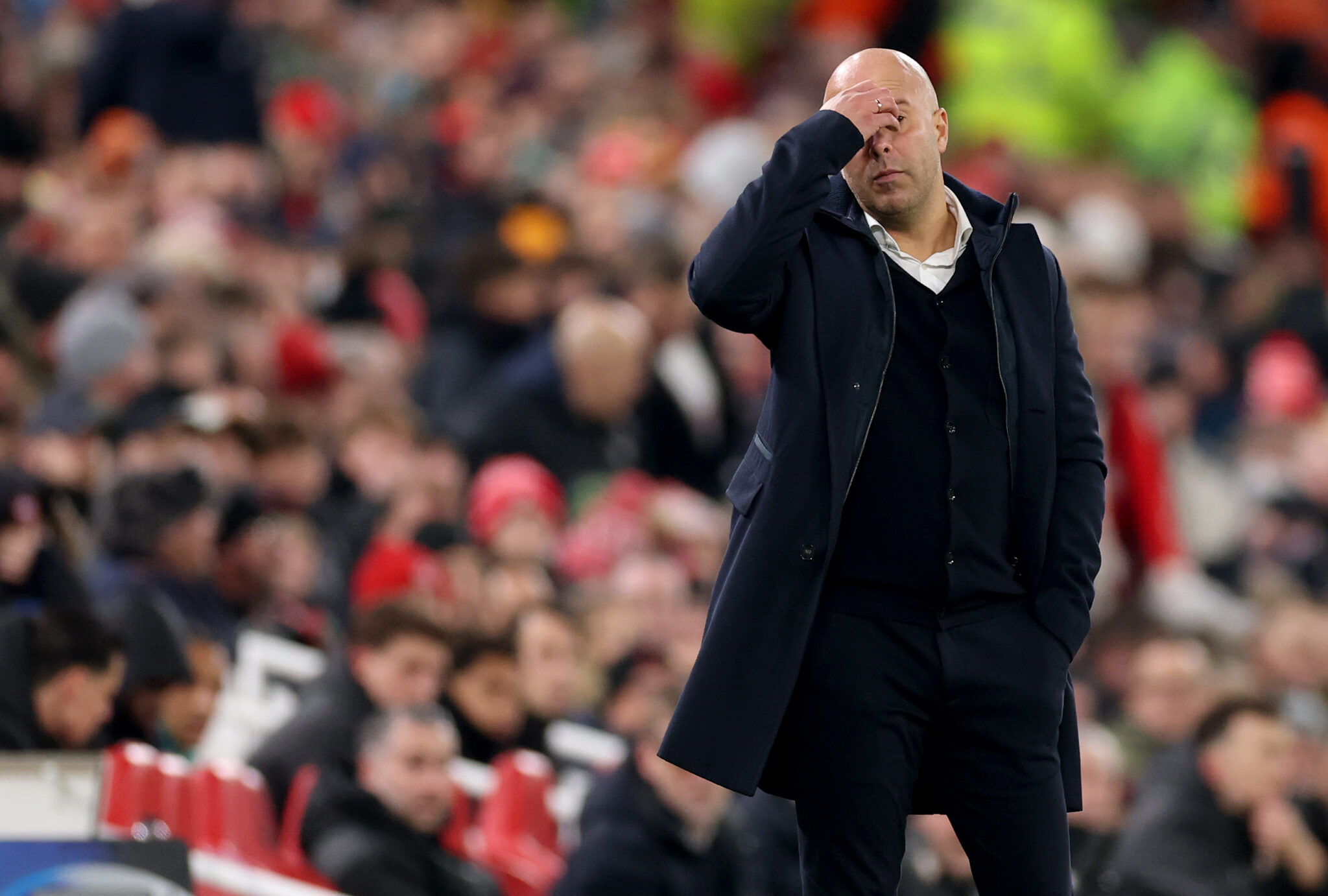 Arne Slot, Manager of Liverpool, reacts during the UEFA Champions League 2025/26 League Phase MD5 match between Liverpool FC and PSV Eindhoven at Anfield on November 26, 2025 in Liverpool, England.