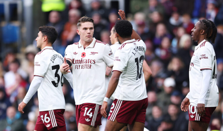 Viktor Gyokeres of Arsenal celebrates scoring his team's first goal with teammate Jurrien Timber during the Premier League match between Burnley and Arsenal at Turf Moor on November 01, 2025 in Burnley, England.