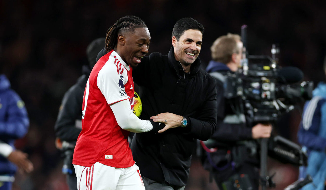 Mikel Arteta, Manager of Arsenal, celebrates with Eberechi Eze of Arsenal as he holds the match ball after scoring a hatrick following the Premier League match between Arsenal and Tottenham Hotspur at Emirates Stadium on November 23, 2025 in London, England.