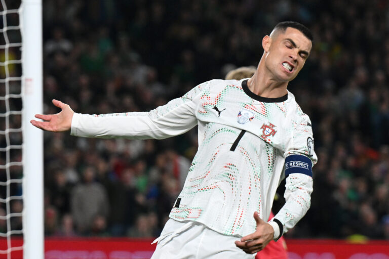 Cristiano Ronaldo of Portugal reacts during the FIFA World Cup 2026 qualifier match between Republic of Ireland and Portugal at Aviva Stadium on November 13, 2025 in Dublin, Ireland.