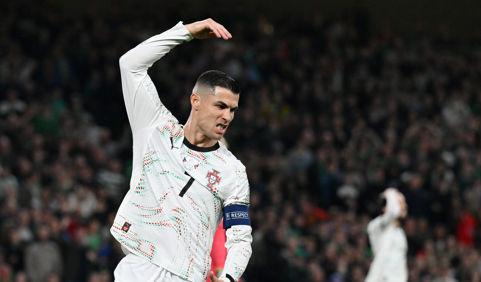 Cristiano Ronaldo of Portugal reacts during the FIFA World Cup 2026 qualifier match between Republic of Ireland and Portugal at Aviva Stadium on November 13, 2025 in Dublin, Ireland.