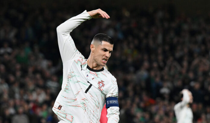 Cristiano Ronaldo of Portugal reacts during the FIFA World Cup 2026 qualifier match between Republic of Ireland and Portugal at Aviva Stadium on November 13, 2025 in Dublin, Ireland.
