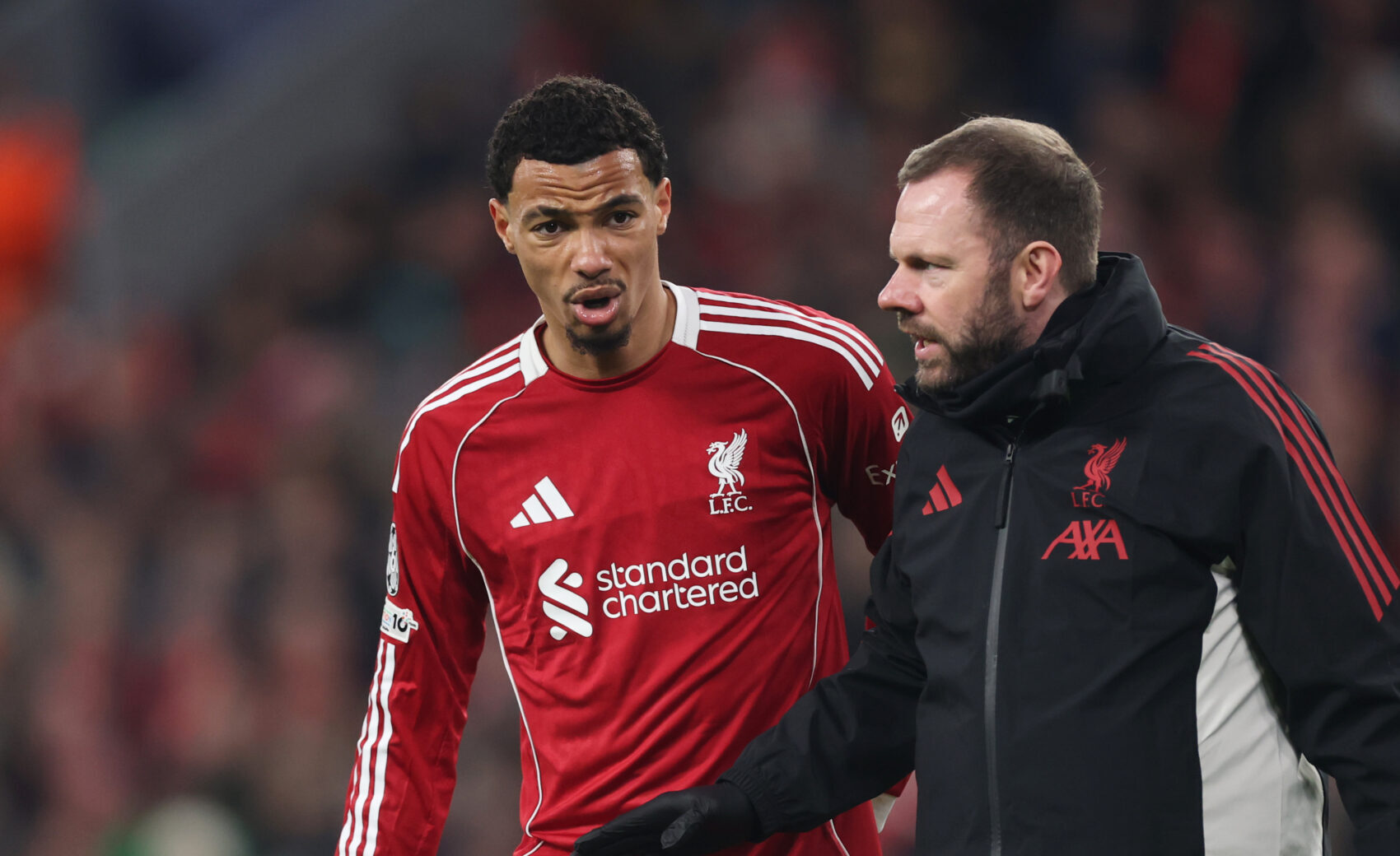 Liverpool forward Hugo Ekitike goes off with an injury during the UEFA Champions League 2025/26 League Phase MD5 match between Liverpool FC and PSV Eindhoven at Anfield on November 26, 2025 in Liverpool, England.