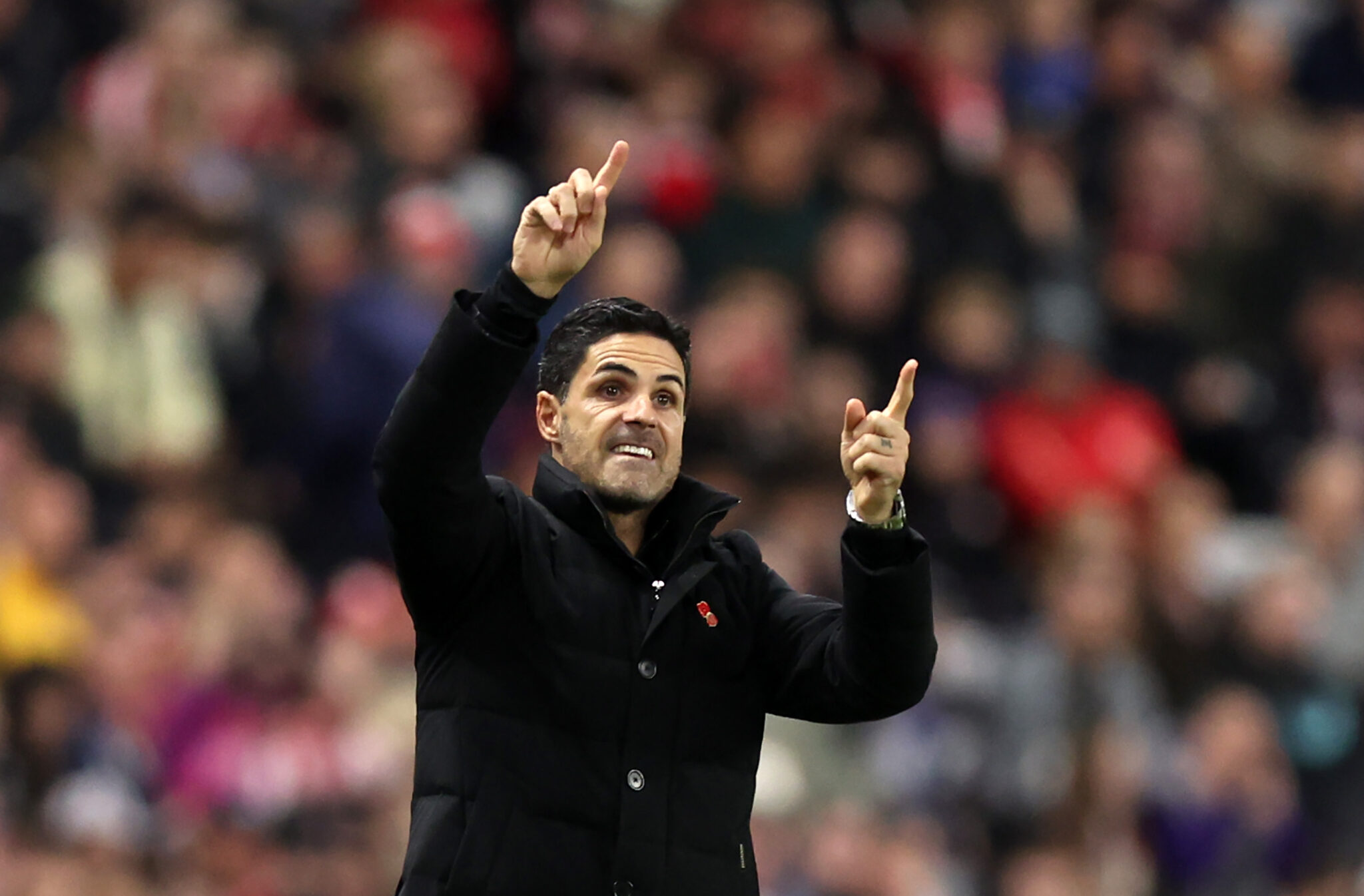 Mikel Arteta, Manager of Arsenal reacts during the Premier League match between Sunderland and Arsenal at Stadium of Light on November 08, 2025 in Sunderland, England.