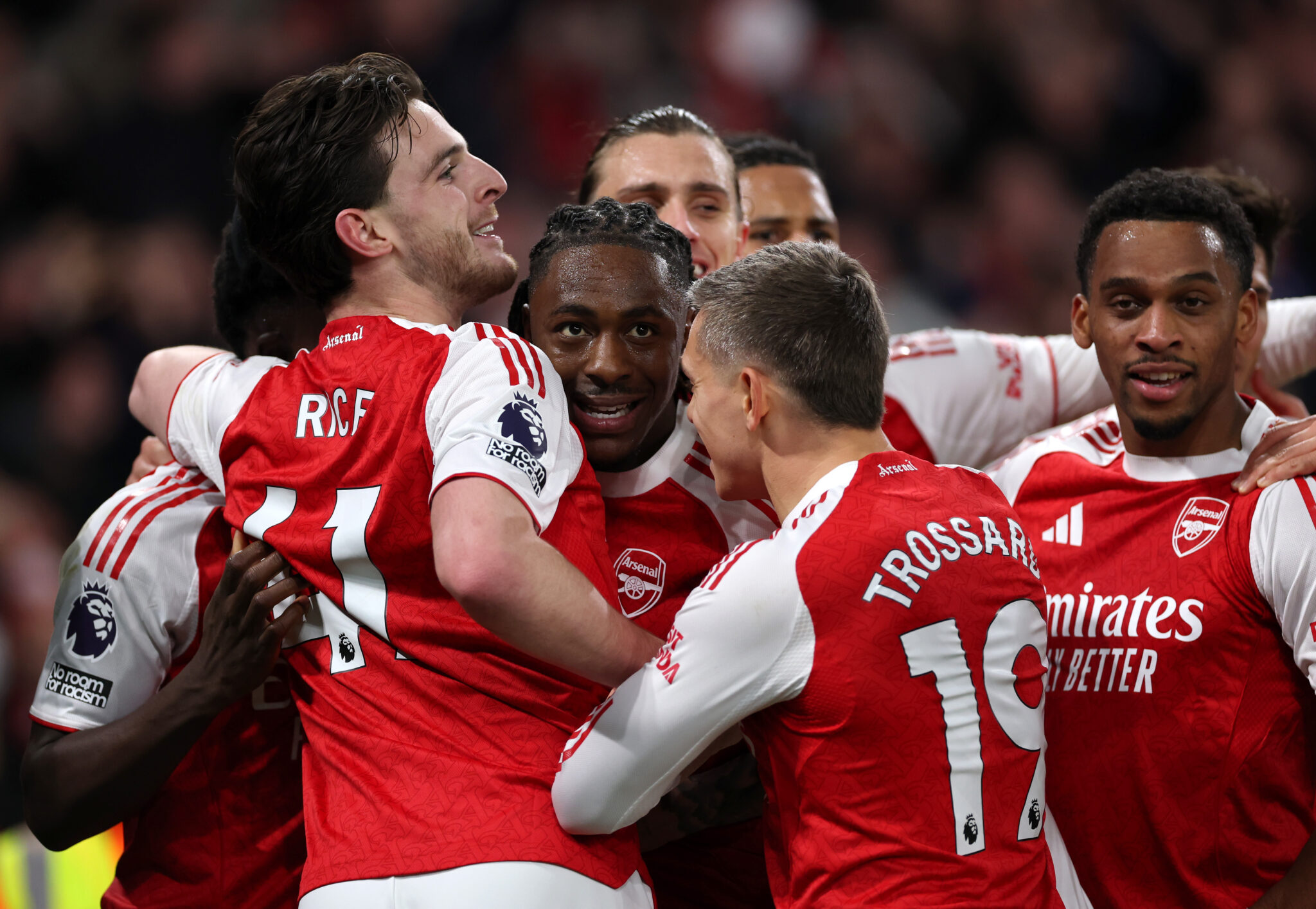 Eberechi Eze of Arsenal celebrates scoring his team's second goal with teammates during the Premier League match between Arsenal and Tottenham Hotspur at Emirates Stadium on November 23, 2025 in London, England.