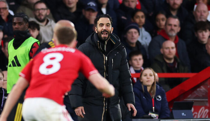 Ruben Amorim, Manager of Man Utd, looks on during the Premier League match between Nottingham Forest and Manchester United at City Ground on November 01, 2025 in Nottingham, England.