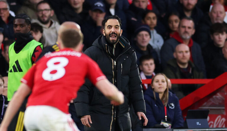 Ruben Amorim, Manager of Man Utd, looks on during the Premier League match between Nottingham Forest and Manchester United at City Ground on November 01, 2025 in Nottingham, England.