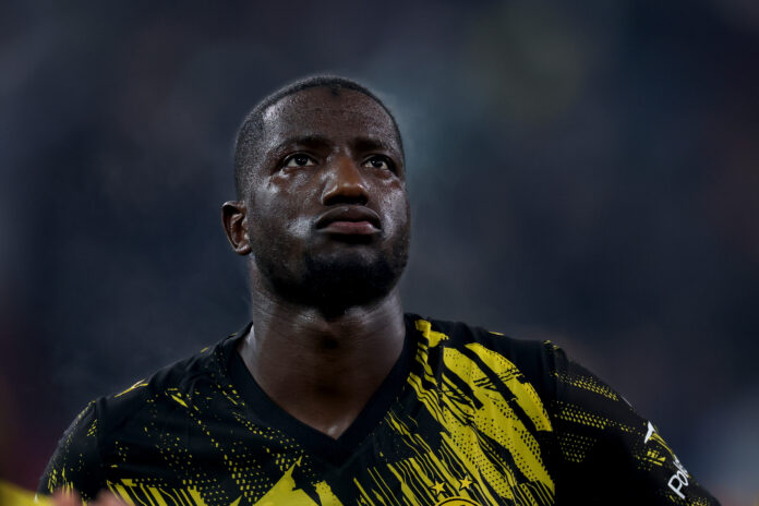 Serhou Guirassy of Borussia Dortmund looks on during the Bundesliga match between FC Augsburg and Borussia Dortmund at WWK-Arena on October 31, 2025 in Augsburg, Germany.