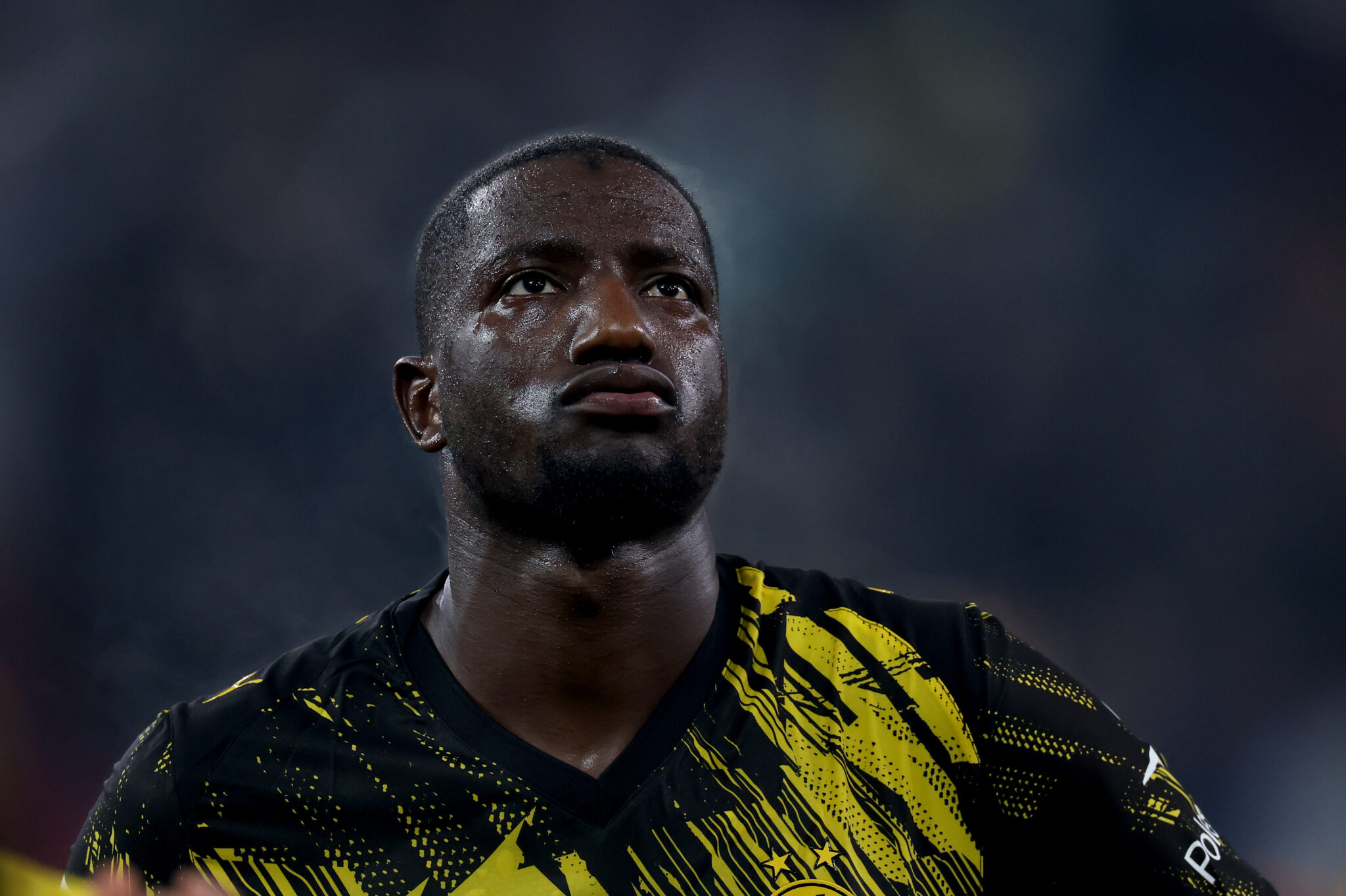 Serhou Guirassy of Borussia Dortmund looks on during the Bundesliga match between FC Augsburg and Borussia Dortmund at WWK-Arena on October 31, 2025 in Augsburg, Germany.