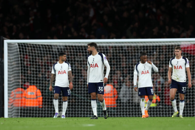 Spurs player Rodrigo Bentancur reacts after his team conceded a goal during the Premier League match between Arsenal and Tottenham Hotspur at Emirates Stadium on November 23, 2025 in London, England.