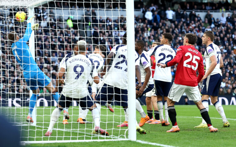 Spurs - Man Utd defender Matthijs de Ligt (obscured) scores his team's second goal past Guglielmo Vicario of Spurs during the Premier League match between Tottenham Hotspur and Manchester United at the Tottenham Hotspur Stadium on November 08, 2025 in London, England.