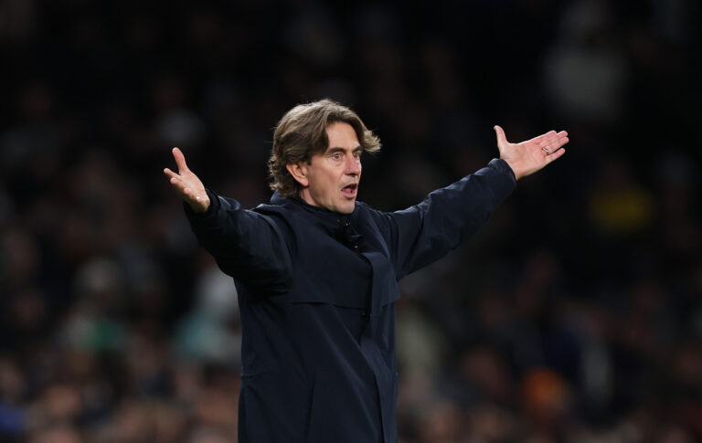 Thomas Frank, Manager of Spurs, reacts during the Premier League match between Tottenham Hotspur and Fulham at Tottenham Hotspur Stadium on November 29, 2025 in London, England.