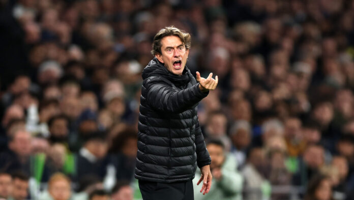 Thomas Frank, Manager of Spurs, shouts instructions during the Premier League match between Tottenham Hotspur and Chelsea at Tottenham Hotspur Stadium on November 01, 2025 in London, England.