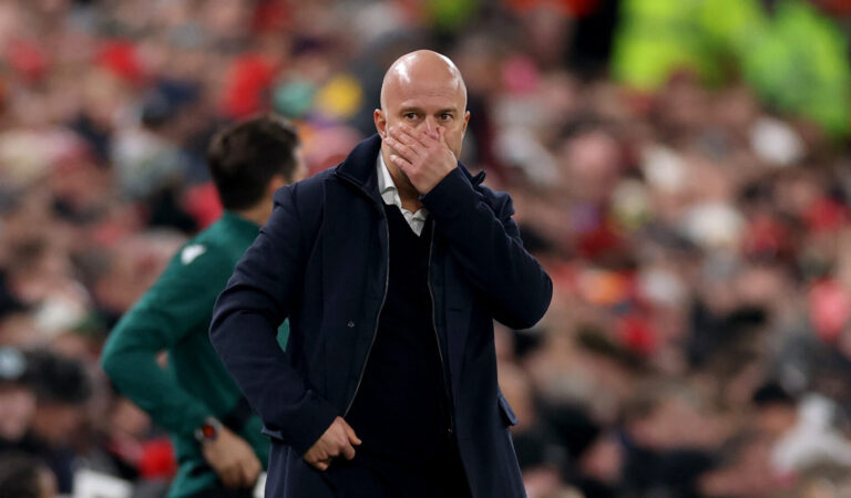 Arne Slot, Manager of Liverpool, reacts during the UEFA Champions League 2025/26 League Phase MD5 match between Liverpool FC and PSV Eindhoven at Anfield on November 26, 2025 in Liverpool, England.