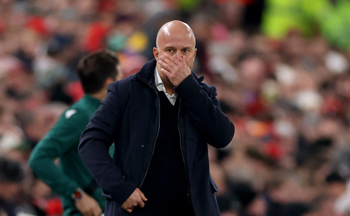 Arne Slot, Manager of Liverpool, reacts during the UEFA Champions League 2025/26 League Phase MD5 match between Liverpool FC and PSV Eindhoven at Anfield on November 26, 2025 in Liverpool, England.