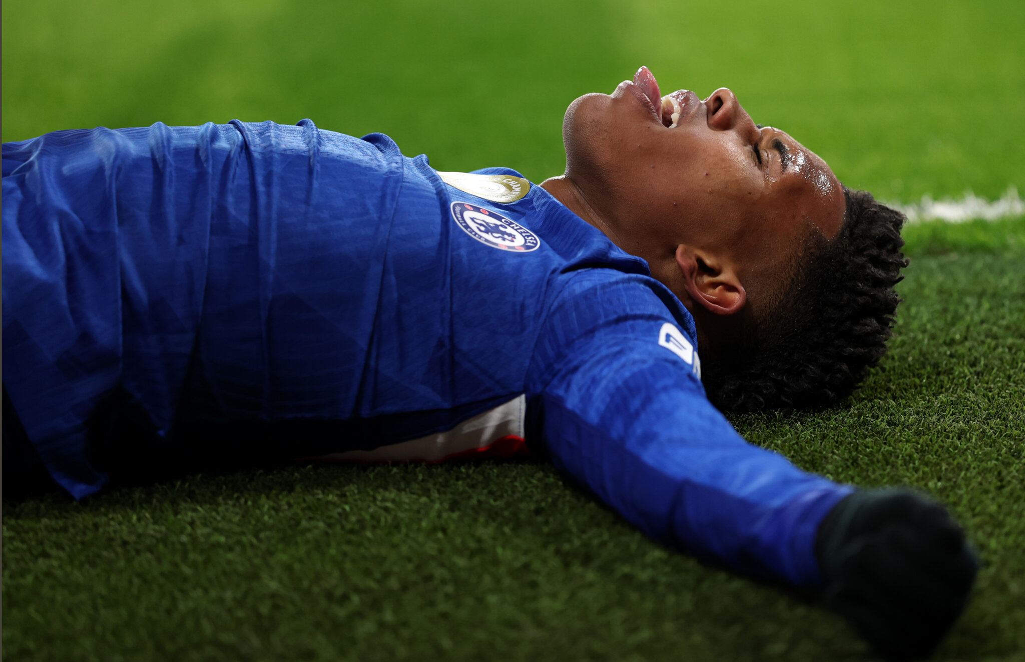 Estevao of Chelsea reacts during the UEFA Champions League 2025/26 League Phase MD5 match between Chelsea FC and FC Barcelona at Stamford Bridge on November 25, 2025 in London, England.