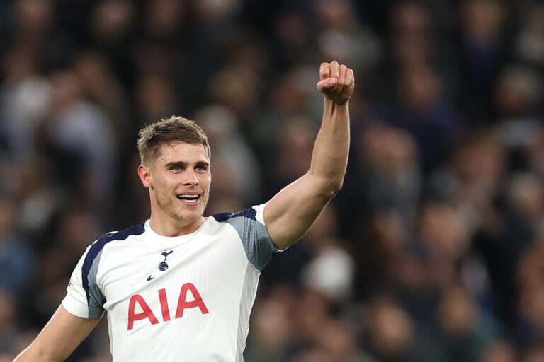 Micky van de Ven of Spurs celebrates scoring his team's third goal during the UEFA Champions League 2025/26 League Phase MD4 match between Tottenham Hotspur and F.C. Copenhagen at Tottenham Hotspur Stadium on November 04, 2025 in London, England.