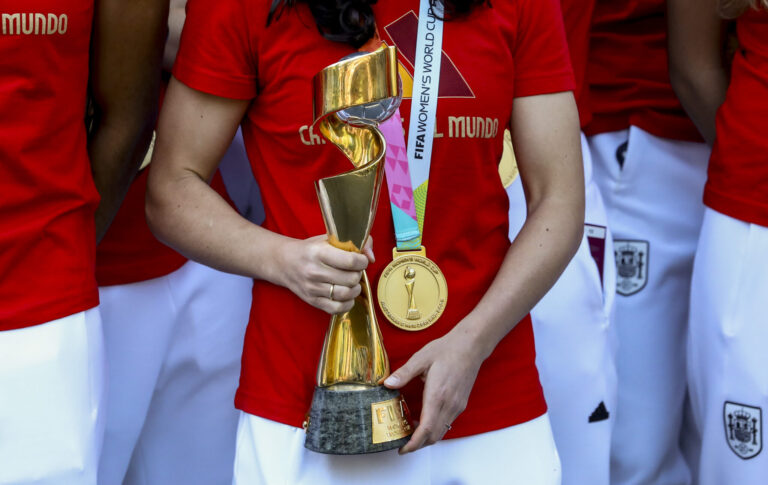 Women's world cup 2027 qualifying draw - Football player Ivana Andrés holds the Women's World Cup trophy as Spanish Prime Minister Pedro Sanchez (not in the picture) receives the Spanish women’s national football team at Moncloa Palace after they won the Australia and New Zealand FIFA Women's World Cup 2023, on August 22, 2023 in Madrid, Spain. The Spanish women's team have won their first-ever World Cup after beating England 1-0 in the final.