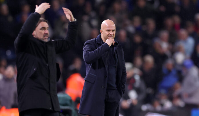 Arne Slot, Manager of Liverpool (R), looks on during the Premier League match between Leeds United and Liverpool at Elland Road on December 06, 2025 in Leeds, England.
